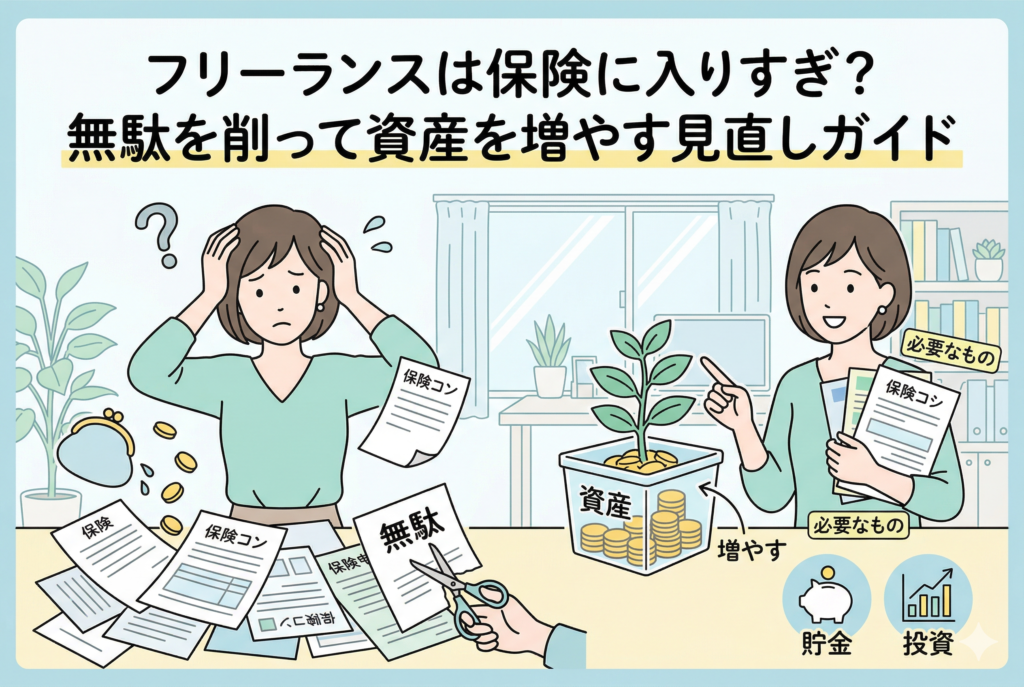 フリーランスの保険見直しガイドをイメージしたイラスト。左側では大量の保険書類と支出に悩む女性が、右側ではハサミで無駄な契約を切り、必要な保険を整理して資産(貯金・投資)を増やす笑顔の女性が描かれている。