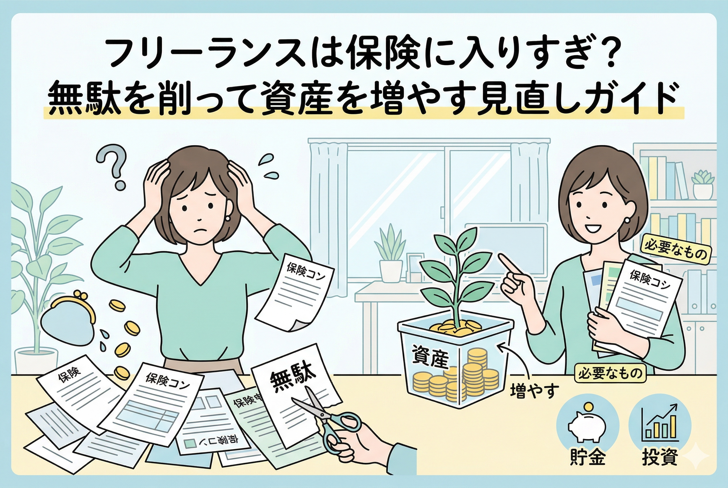 フリーランスの保険見直しガイドをイメージしたイラスト。左側では大量の保険書類と支出に悩む女性が、右側ではハサミで無駄な契約を切り、必要な保険を整理して資産(貯金・投資)を増やす笑顔の女性が描かれている。