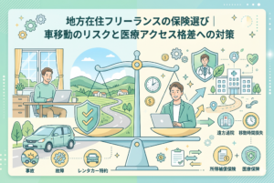地方在住のフリーランスが直面する「車移動のリスク」と「医療アクセスの格差」を対比させたインフォグラフィック。左側には車の事故・故障への備えとしてレンタカー特約を、右側には遠方通院による移動時間の損失をカバーする所得補償保険と医療保険の重要性を、キャラクターとアイコンで分かりやすく図解しています。清潔感のあるパステルカラーの精緻なイラスト。
