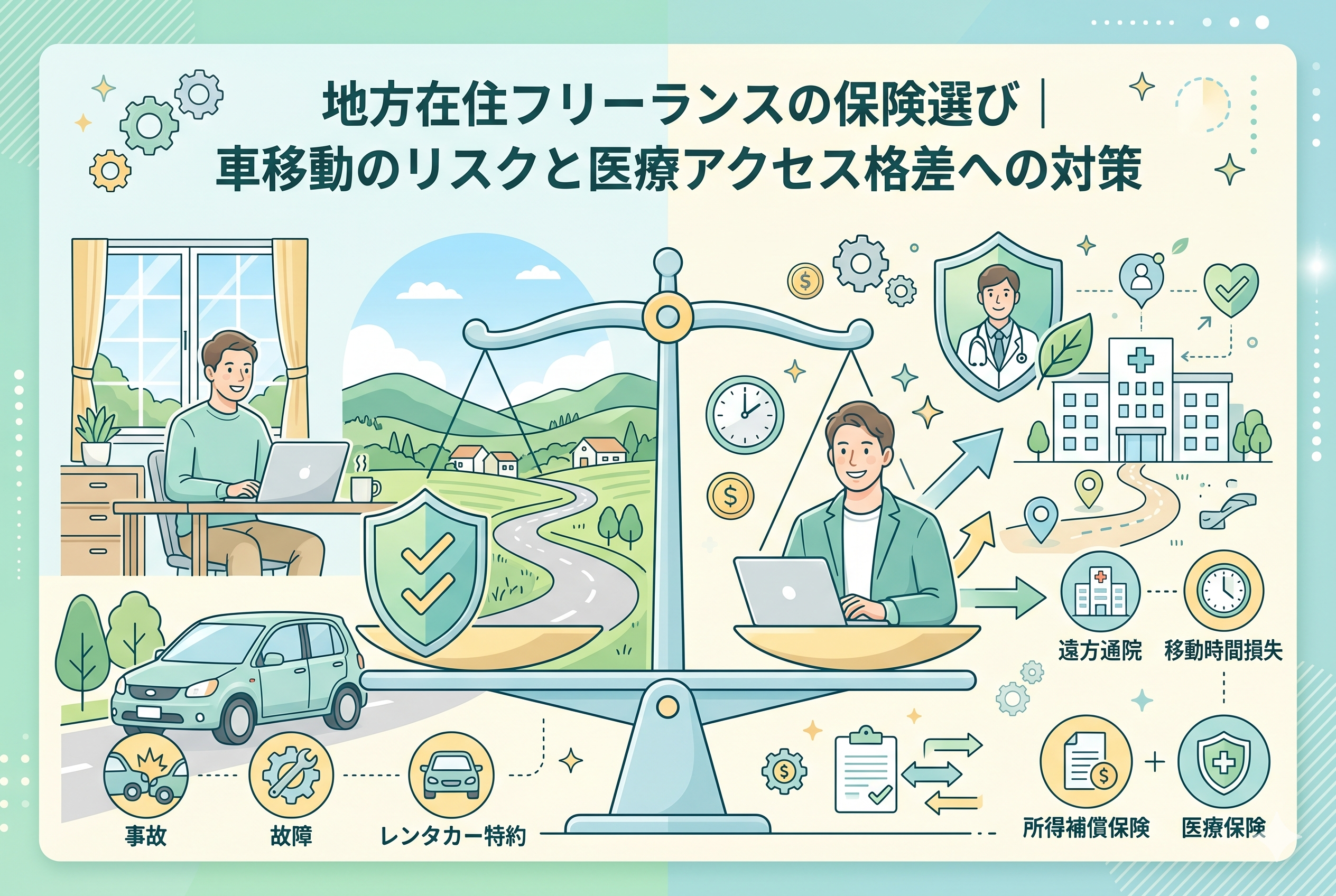 地方在住のフリーランスが直面する「車移動のリスク」と「医療アクセスの格差」を対比させたインフォグラフィック。左側には車の事故・故障への備えとしてレンタカー特約を、右側には遠方通院による移動時間の損失をカバーする所得補償保険と医療保険の重要性を、キャラクターとアイコンで分かりやすく図解しています。清潔感のあるパステルカラーの精緻なイラスト。