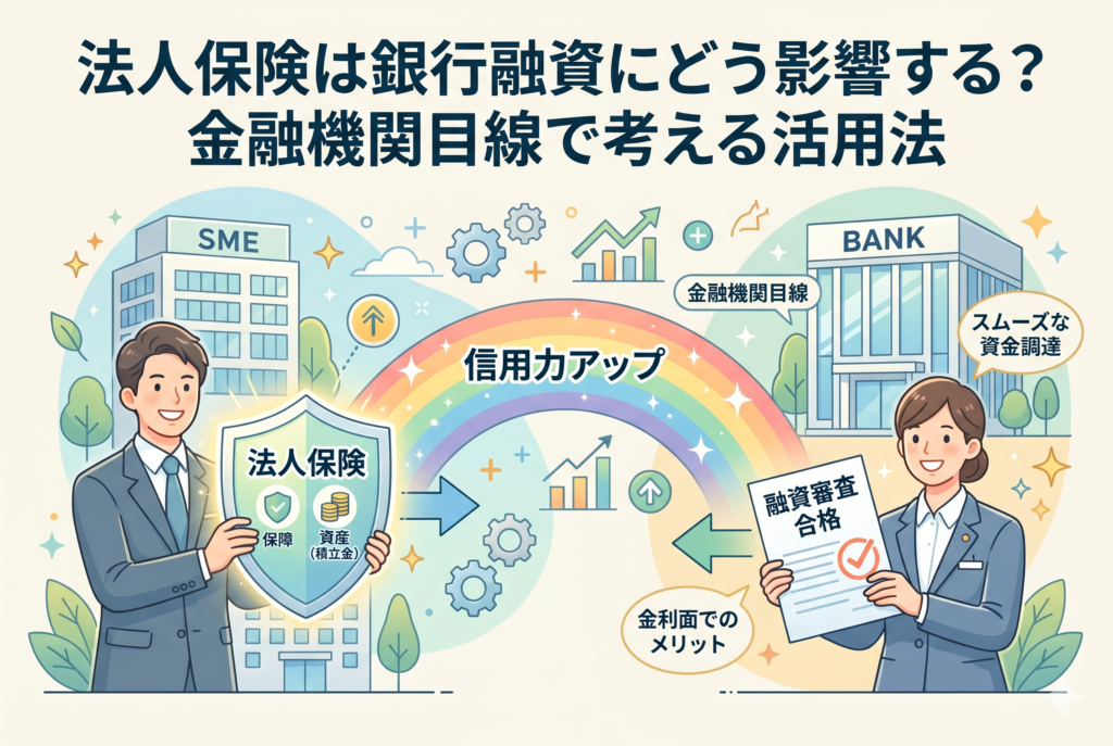 「法人保険は銀行融資にどう影響する?金融機関目線で考える活用法」というタイトルのアイキャッチ画像。左側には「保障」と「資産(積立金)」を象徴する盾を持った経営者、右側には「融資審査合格」の書類を持った笑顔の銀行員が描かれています。中央には両者を結ぶ「信用力アップ」という虹の架け橋と上昇グラフが配置され、法人保険がスムーズな資金調達や金利面でのメリットに繋がる仕組みを視覚化した、清潔感のあるビジネスイラストです。