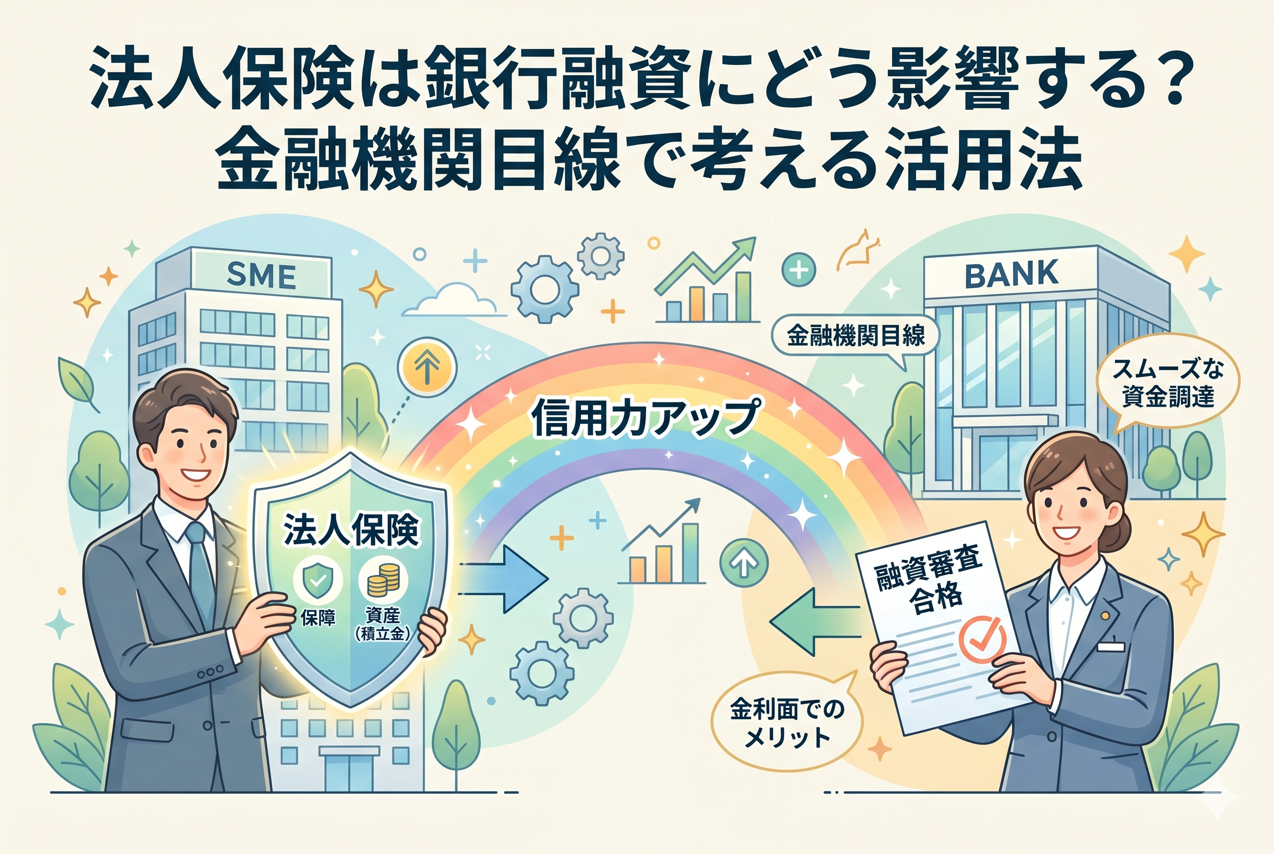 「法人保険は銀行融資にどう影響する？金融機関目線で考える活用法」というタイトルのアイキャッチ画像。左側には「保障」と「資産（積立金）」を象徴する盾を持った経営者、右側には「融資審査合格」の書類を持った笑顔の銀行員が描かれています。中央には両者を結ぶ「信用力アップ」という虹の架け橋と上昇グラフが配置され、法人保険がスムーズな資金調達や金利面でのメリットに繋がる仕組みを視覚化した、清潔感のあるビジネスイラストです。
