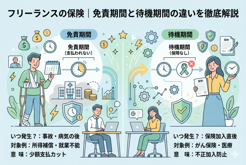 保険の「免責期間」と「待機期間」の違いを左右に分けて解説したインフォグラフィック。左側では怪我をした男性を例に、事故・病気発生後の支払われない期間（免責期間）を説明。右側では契約直後の保障がない期間（待機期間）を説明。中央には仕事をするフリーランスの男女が描かれ、所得補償保険やがん保険など、それぞれの対象例や導入の意図を比較・整理した図解イラスト。