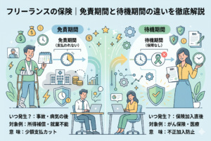 保険の「免責期間」と「待機期間」の違いを左右に分けて解説したインフォグラフィック。左側では怪我をした男性を例に、事故・病気発生後の支払われない期間（免責期間）を説明。右側では契約直後の保障がない期間（待機期間）を説明。中央には仕事をするフリーランスの男女が描かれ、所得補償保険やがん保険など、それぞれの対象例や導入の意図を比較・整理した図解イラスト。