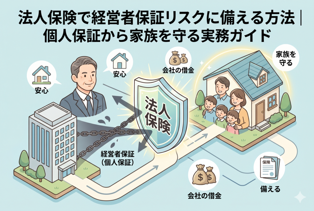 「法人保険で経営者保証リスクに備える方法|個人保証から家族を守る実務ガイド」という記事タイトルのインフォグラフィック。左側には「会社の借金」リスクを抱える経営者と会社ビルがあり、中央の「法人保険」の盾がそのリスクをブロックしている。右側では、盾によって守られた家と笑顔の家族が描かれ、「家族を守る」「備える」保険証券のアイコンがある。清潔感のある精緻なイラストデザイン。