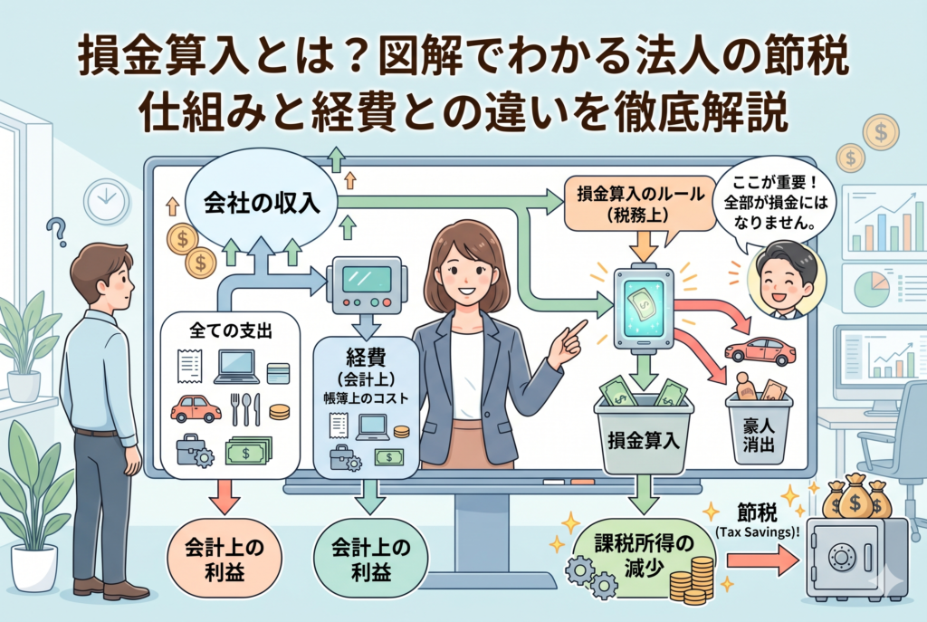 「損金算入とは?図解でわかる法人の節税 仕組みと経費との違いを徹底解説」というタイトルが入ったアイキャッチ画像。会社の収入から会計上の経費が差し引かれ、さらに「税務上のルール」というフィルターを通って「損金」として認められることで、課税所得が減り節税につながるプロセスを視覚化したフローチャート図です。