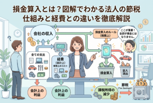 「損金算入とは？図解でわかる法人の節税 仕組みと経費との違いを徹底解説」というタイトルが入ったアイキャッチ画像。会社の収入から会計上の経費が差し引かれ、さらに「税務上のルール」というフィルターを通って「損金」として認められることで、課税所得が減り節税につながるプロセスを視覚化したフローチャート図です。