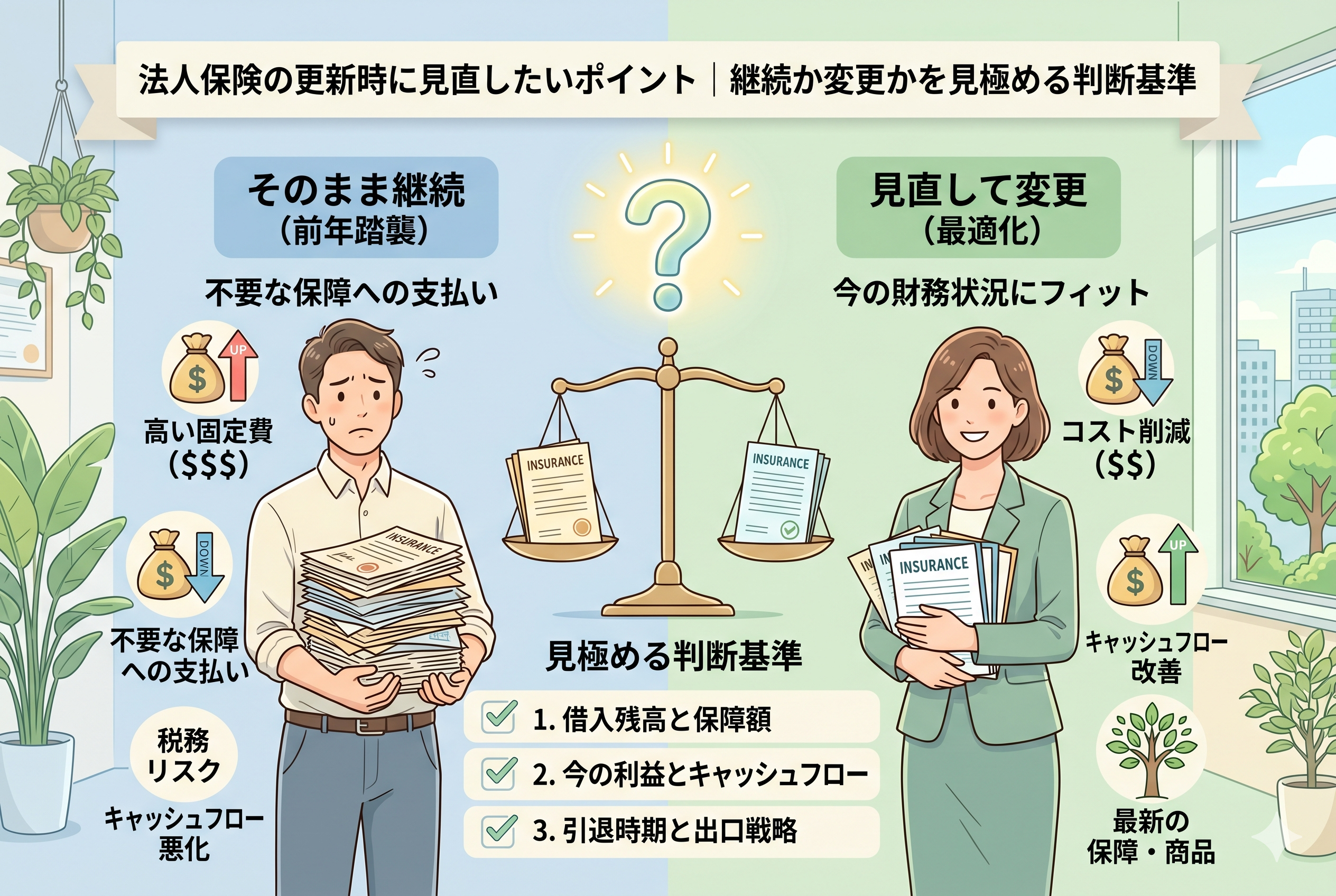 法人保険の更新時に「そのまま継続」する場合のリスクと「見直し」によるメリットを対比させたインフォグラフィック。左側には不要な保障や高い固定費に悩む経営者の姿、右側には最適化によりコスト削減とキャッシュフロー改善を実現した経営者の姿が描かれている。中央には天秤、下部には「借入残高と保障額」「利益とキャッシュフロー」「出口戦略」の3つの判断基準が記されたアイキャッチ画像。