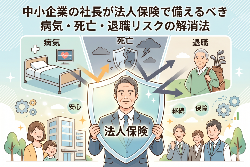 中小企業の社長が直面する病気・死亡・退職リスクを法人保険で解消する方法を解説したイラスト。中央には自信に満ちた社長が「法人保険」と書かれた巨大な輝く盾を持ち、周囲に「病気」（病院ベッド）、「死亡」（割れた盾）、「退職」（幸せそうな高齢男性ゴルフ）のリスクアイコンが描かれている。盾がこれらを解決し、下部には「安心」（幸せな家族と会社ビル）、「継続」「保障」（笑顔の従業員と成長グラフ）という効果が対比されている。明るいオフィスを背景に、清潔感のある親しみやすいデザイン。上部には「中小企業の社長が法人保険で備えるべき病気・死亡・退職リスクの解消法」というタイトルが読みやすい日本語フォントで記載されている。