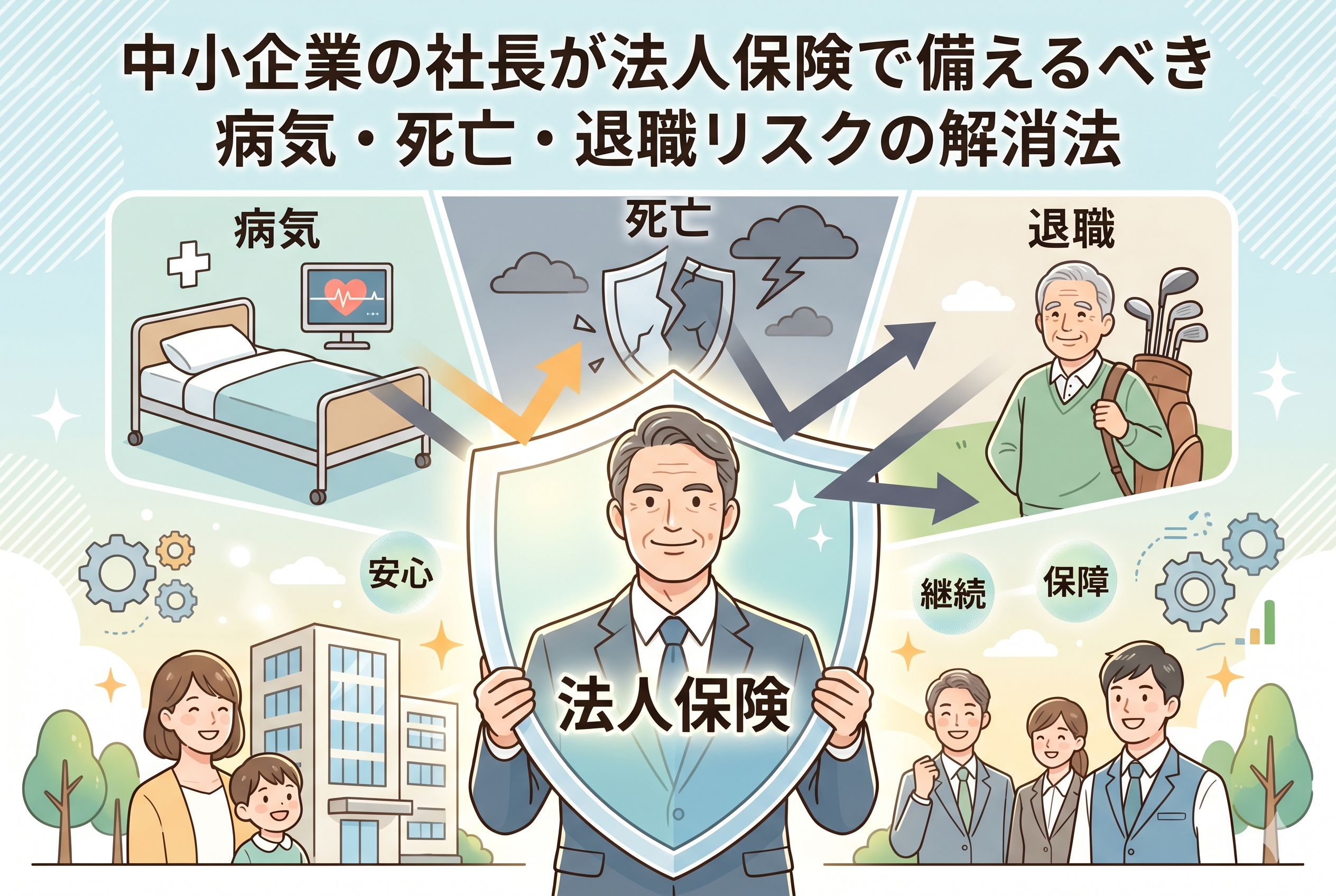 中小企業の社長が直面する病気・死亡・退職リスクを法人保険で解消する方法を解説したイラスト。中央には自信に満ちた社長が「法人保険」と書かれた巨大な輝く盾を持ち、周囲に「病気」(病院ベッド)、「死亡」(割れた盾)、「退職」(幸せそうな高齢男性ゴルフ)のリスクアイコンが描かれている。盾がこれらを解決し、下部には「安心」(幸せな家族と会社ビル)、「継続」「保障」(笑顔の従業員と成長グラフ)という効果が対比されている。明るいオフィスを背景に、清潔感のある親しみやすいデザイン。上部には「中小企業の社長が法人保険で備えるべき病気・死亡・退職リスクの解消法」というタイトルが読みやすい日本語フォントで記載されている。