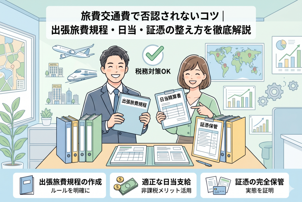 旅費交通費の税務対策を解説するアイキャッチ画像。中央には「出張旅費規程」や「日当精算書」を手にした笑顔の男女のビジネスパーソンが描かれ、背景には飛行機や新幹線、証憑保管ファイルなどのアイコンが配置されています。下部には「出張旅費規程の作成」「適正な日当支給」「証憑の完全保管」という3つの重要ポイントがアイコンと共にまとめられており、清潔感のある明るいデザインで構成されています。