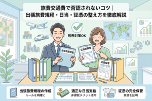 旅費交通費の税務対策を解説するアイキャッチ画像。中央には「出張旅費規程」や「日当精算書」を手にした笑顔の男女のビジネスパーソンが描かれ、背景には飛行機や新幹線、証憑保管ファイルなどのアイコンが配置されています。下部には「出張旅費規程の作成」「適正な日当支給」「証憑の完全保管」という3つの重要ポイントがアイコンと共にまとめられており、清潔感のある明るいデザインで構成されています。