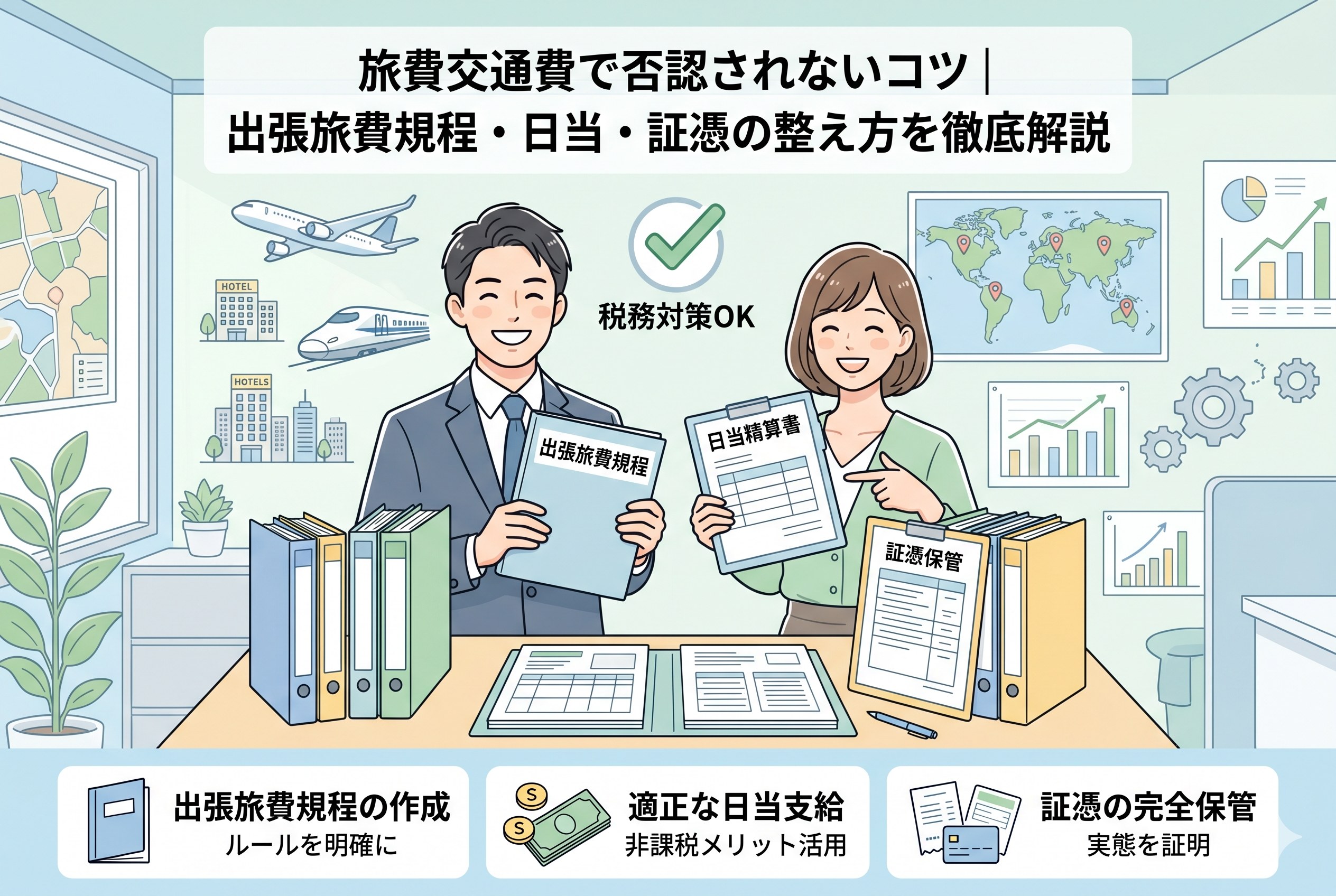 旅費交通費の税務対策を解説するアイキャッチ画像。中央には「出張旅費規程」や「日当精算書」を手にした笑顔の男女のビジネスパーソンが描かれ、背景には飛行機や新幹線、証憑保管ファイルなどのアイコンが配置されています。下部には「出張旅費規程の作成」「適正な日当支給」「証憑の完全保管」という3つの重要ポイントがアイコンと共にまとめられており、清潔感のある明るいデザインで構成されています。