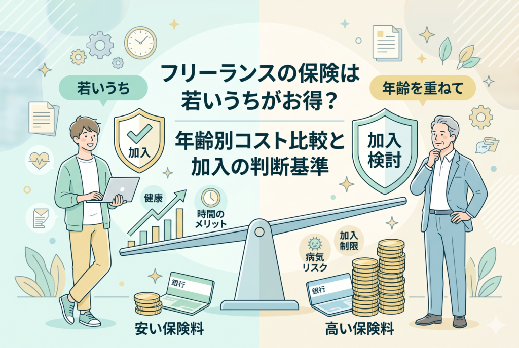 フリーランスの保険加入を「若いうち」と「年齢を重ねて」からで比較したインフォグラフィック。記事タイトル「フリーランスの保険は若いうちがお得？年齢別コスト比較と加入の判断基準」が中央に書かれている。左側には若い男性と「安い保険料」「健康」「時間のメリット」「加入（盾アイコン）」が、右側には年配の男性と「高い保険料」「病気リスク」「加入制限」「加入検討（盾アイコン）」が描かれ、中央の天秤でコストの差を比較している。清潔感のあるパステルカラーのイラスト。