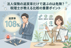 「法人保険の返戻率だけで選ぶのは危険？税理士が教える比較の重要ポイント」というタイトルのアイキャッチ画像。左側には「返戻率108%」という高い数字に惑わされ、資金が穴に落ちていく様子を不安げに見つめる経営者の姿。右側には、天秤を使いながら「税務対策」「保障内容」「流動性資金」「出口戦略」といった多角的な比較ポイントを論理的に解説する女性税理士が描かれています。表面的な数字の罠と、本質的なチェックポイントを対比させた、清潔感のあるビジネスイラストです。