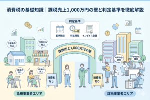 「消費税の基礎知識」を解説するインフォグラフィック画像。中央にある「課税売上1,000万円の壁」と書かれた門を境界線として、左側の「免税事業者エリア」と右側の「課税事業者エリア」を視覚的に対比させています。上部には判定基準として「基準期間（2年前の売上）」「特定期間（6ヶ月）」「インボイス登録」のアイコンが配置され、フリーランスや中小企業が納税義務の有無を直感的に理解できるクリーンなデザインです。