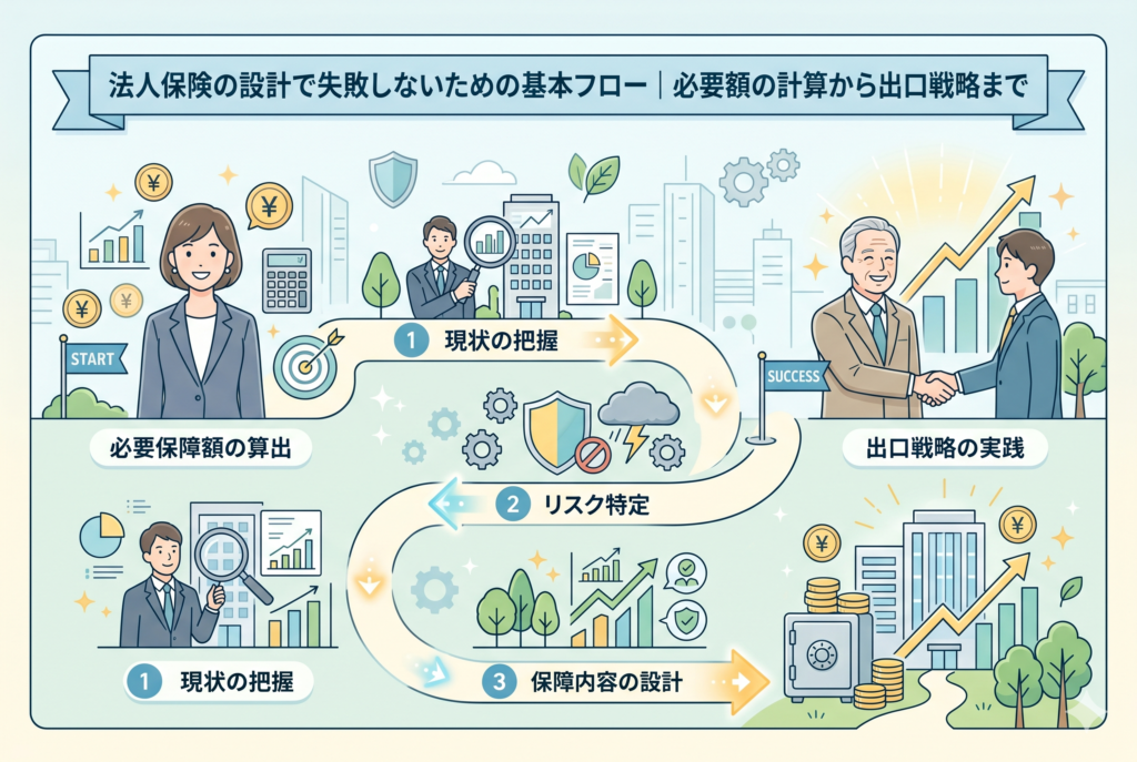 「法人保険の設計で失敗しないための基本フロー|必要額の計算から出口戦略まで」というタイトルのアイキャッチ画像。左下の「必要保障額の算出」から始まり、1. 現状の把握、2. リスク特定、3. 保障内容の設計というステップを経て、右上の「出口戦略の実践」というゴール(SUCCESS)に向かうロードマップが精緻なイラストで描かれている。女性と男性のビジネスパーソン、ビル、グラフ、コインなどのアイコンが配置された、清潔感のある親しみやすいデザイン。