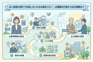 「法人保険の設計で失敗しないための基本フロー｜必要額の計算から出口戦略まで」というタイトルのアイキャッチ画像。左下の「必要保障額の算出」から始まり、1. 現状の把握、2. リスク特定、3. 保障内容の設計というステップを経て、右上の「出口戦略の実践」というゴール（SUCCESS）に向かうロードマップが精緻なイラストで描かれている。女性と男性のビジネスパーソン、ビル、グラフ、コインなどのアイコンが配置された、清潔感のある親しみやすいデザイン。