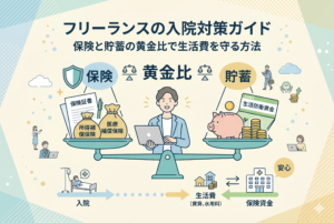 「フリーランスの入院対策ガイド｜保険と貯蓄の黄金比で生活費を守る方法」というタイトルが記載された、リスク管理のインフォグラフィック。中央にノートパソコンを持つ男性が配置され、天秤の左側には「保険（所得補償保険・医療補償保険）」、右側には「貯蓄（生活防衛資金と貯金箱）」が乗り、バランスを保っている。下部には、入院から生活費の支払い、そして保険金が届くまでのキャッシュフローの流れが視覚的に描かれた、清潔感のある精緻なデザイン。