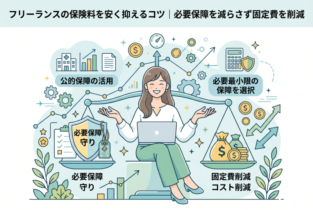 天秤を前にした女性が、シールド(必要保障・守り)と積み上げられたコイン(固定費削減・コスト削減)をバランスよく管理している様子を描いたインフォグラフィック。「公的保障の活用」や「必要最小限の保障を選択」といったキーワードとともに、フリーランスが賢く保険料を抑えるためのポイントを視覚化した、清潔感のある精緻なデザイン。