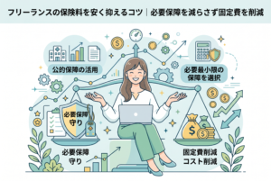 天秤を前にした女性が、シールド（必要保障・守り）と積み上げられたコイン（固定費削減・コスト削減）をバランスよく管理している様子を描いたインフォグラフィック。「公的保障の活用」や「必要最小限の保障を選択」といったキーワードとともに、フリーランスが賢く保険料を抑えるためのポイントを視覚化した、清潔感のある精緻なデザイン。