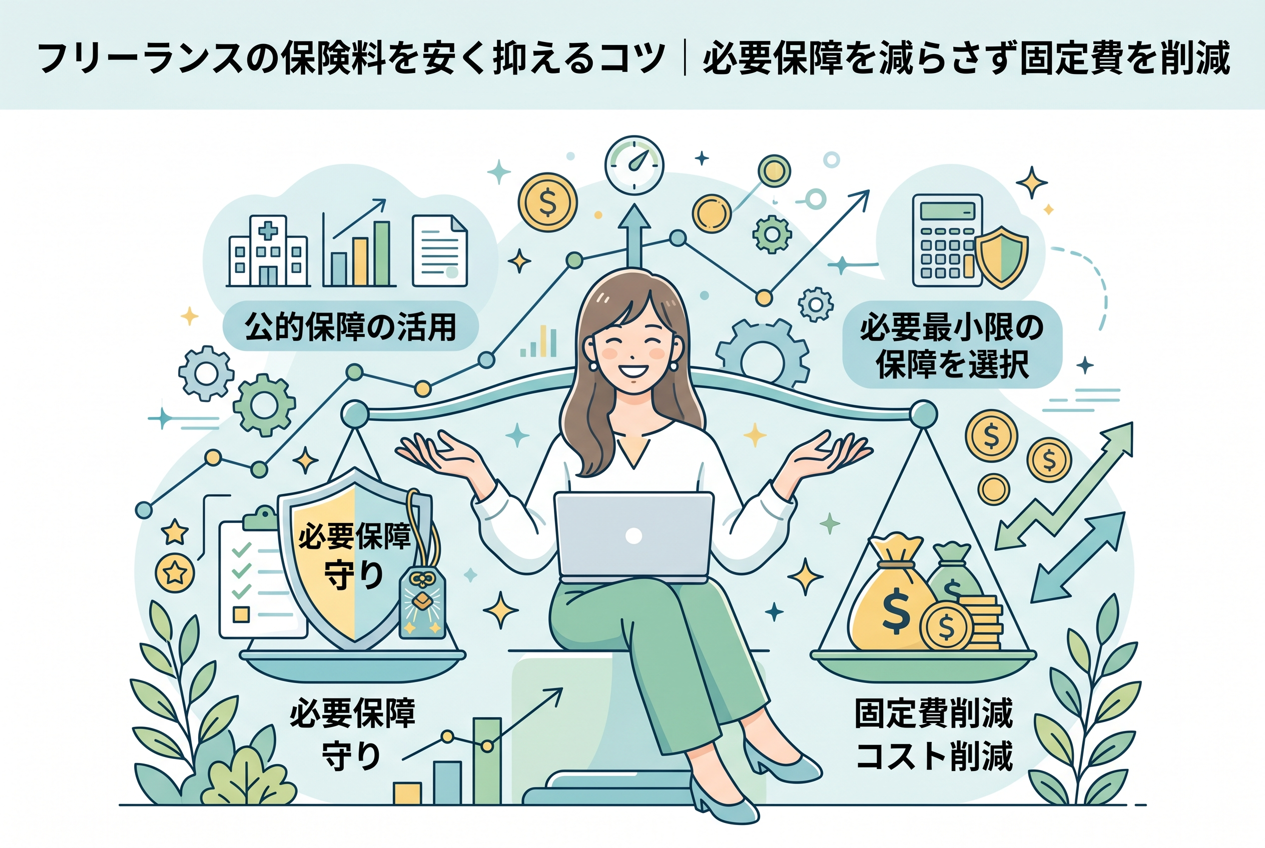 天秤を前にした女性が、シールド（必要保障・守り）と積み上げられたコイン（固定費削減・コスト削減）をバランスよく管理している様子を描いたインフォグラフィック。「公的保障の活用」や「必要最小限の保障を選択」といったキーワードとともに、フリーランスが賢く保険料を抑えるためのポイントを視覚化した、清潔感のある精緻なデザイン。