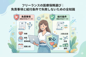 フリーランスが医療保険を選ぶ際のチェックポイントを対比させたインフォグラフィック。左側には「免責事項（支払われないケース）」として持病や精神疾患、短期入院のアイコン、右側には「給付条件（支払われるケース）」として入院1日目、手術、通院のアイコンが配置されています。中央には、安心と書かれた盾を持つ女性がパソコン作業をしている様子が描かれています。