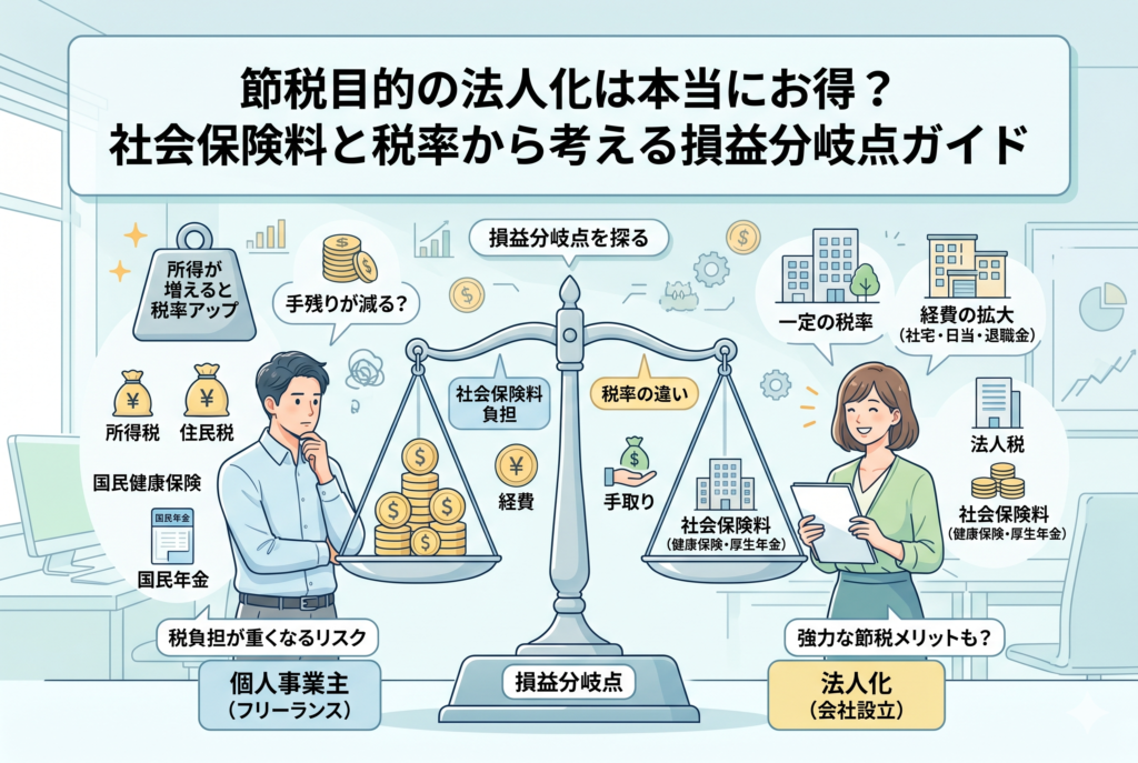 個人事業主（フリーランス）と法人化（会社設立）のコストとメリットを天秤で比較したインフォグラフィック。左側には「所得税・住民税・国民年金」などの累進課税による負担増のリスク、右側には「法人税・社会保険料・経費の拡大（社宅や退職金）」といった法人化の節税メリットを配置。中央の天秤が「社会保険料負担」と「税率の違い」の間で「損益分岐点」を探っている様子を描いており、どちらが最終的な手残りを最大化できるかを視覚的に解説している。