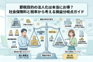 個人事業主（フリーランス）と法人化（会社設立）のコストとメリットを天秤で比較したインフォグラフィック。左側には「所得税・住民税・国民年金」などの累進課税による負担増のリスク、右側には「法人税・社会保険料・経費の拡大（社宅や退職金）」といった法人化の節税メリットを配置。中央の天秤が「社会保険料負担」と「税率の違い」の間で「損益分岐点」を探っている様子を描いており、どちらが最終的な手残りを最大化できるかを視覚的に解説している。
