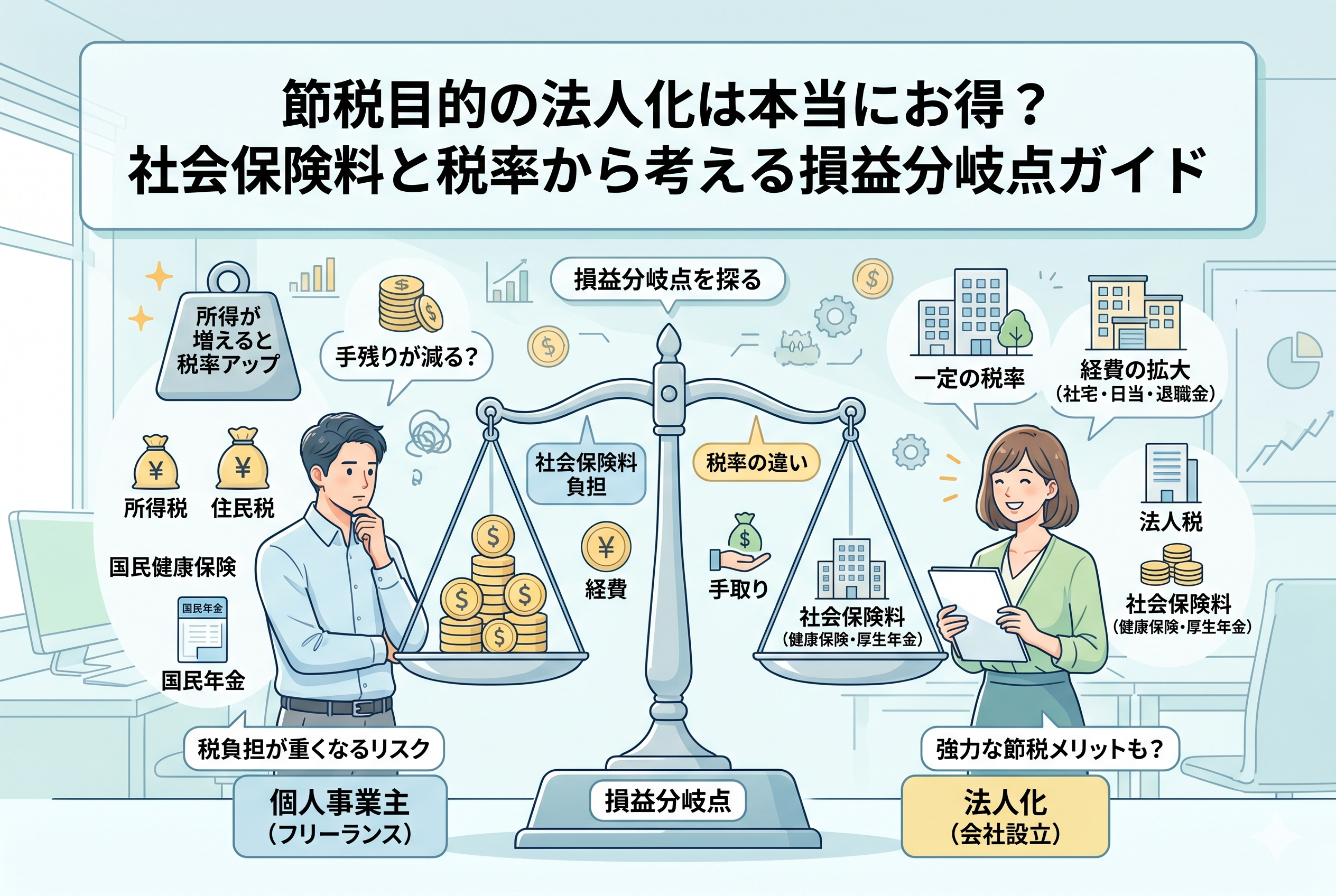 個人事業主(フリーランス)と法人化(会社設立)のコストとメリットを天秤で比較したインフォグラフィック。左側には「所得税・住民税・国民年金」などの累進課税による負担増のリスク、右側には「法人税・社会保険料・経費の拡大(社宅や退職金)」といった法人化の節税メリットを配置。中央の天秤が「社会保険料負担」と「税率の違い」の間で「損益分岐点」を探っている様子を描いており、どちらが最終的な手残りを最大化できるかを視覚的に解説している。