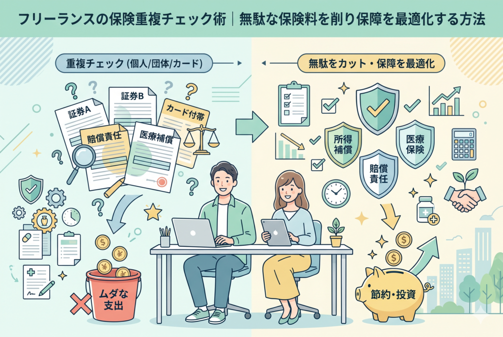 フリーランスの保険重複チェック術に関するインフォグラフィック。タイトルは「無駄な保険料を削り保障を最適化する方法」。左側には個人、団体、カード付帯の賠償責任や医療補償が散乱し疑問符と「ムダな支出」のコインがゴミ箱に落ちる様子。右側には整理された所得補償、医療保険、賠償責任の盾がチェックマークとともに並び豚の貯金箱に「節約・投資」のコインが入る様子が対比して描かれている。中央にデスクに向かう男女のフリーランス。清潔感のあるパステルカラーの精緻なイラスト。