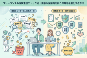 フリーランスの保険重複チェック術に関するインフォグラフィック。タイトルは「無駄な保険料を削り保障を最適化する方法」。左側には個人、団体、カード付帯の賠償責任や医療補償が散乱し疑問符と「ムダな支出」のコインがゴミ箱に落ちる様子。右側には整理された所得補償、医療保険、賠償責任の盾がチェックマークとともに並び豚の貯金箱に「節約・投資」のコインが入る様子が対比して描かれている。中央にデスクに向かう男女のフリーランス。清潔感のあるパステルカラーの精緻なイラスト。