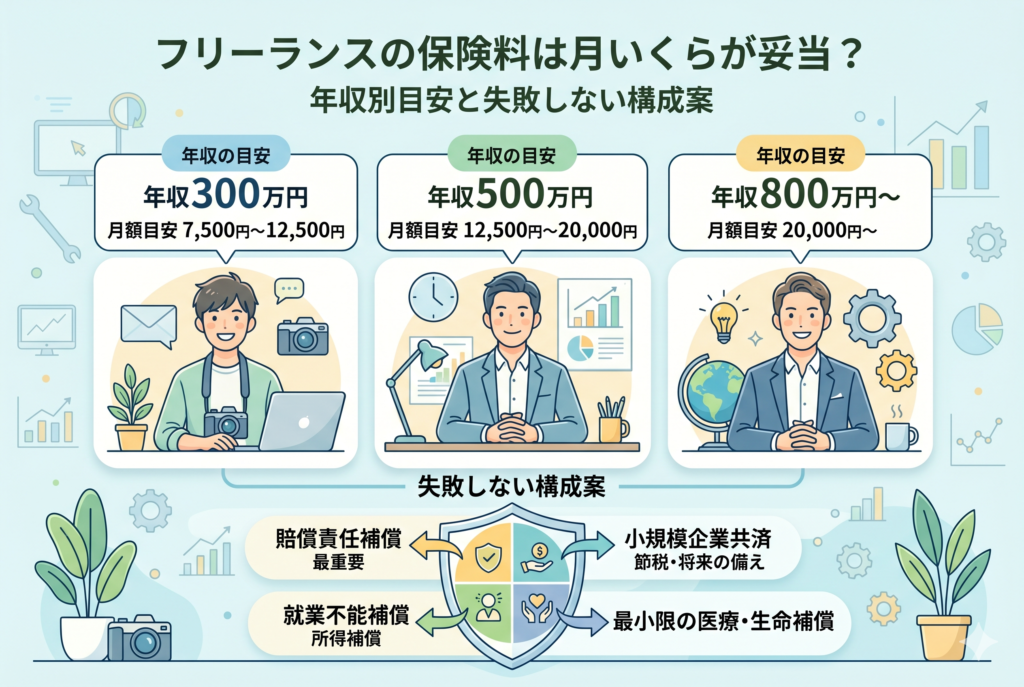 フリーランスの年収別保険料目安をまとめたインフォグラフィック画像。年収300万円、500万円、800万円以上の3段階で月額の適正ラインを提示し、下部には「賠償責任」「就業不能」「小規模企業共済」「最小限の医療・生命」という補償構成の優先順位が盾のアイコンで解説されています。