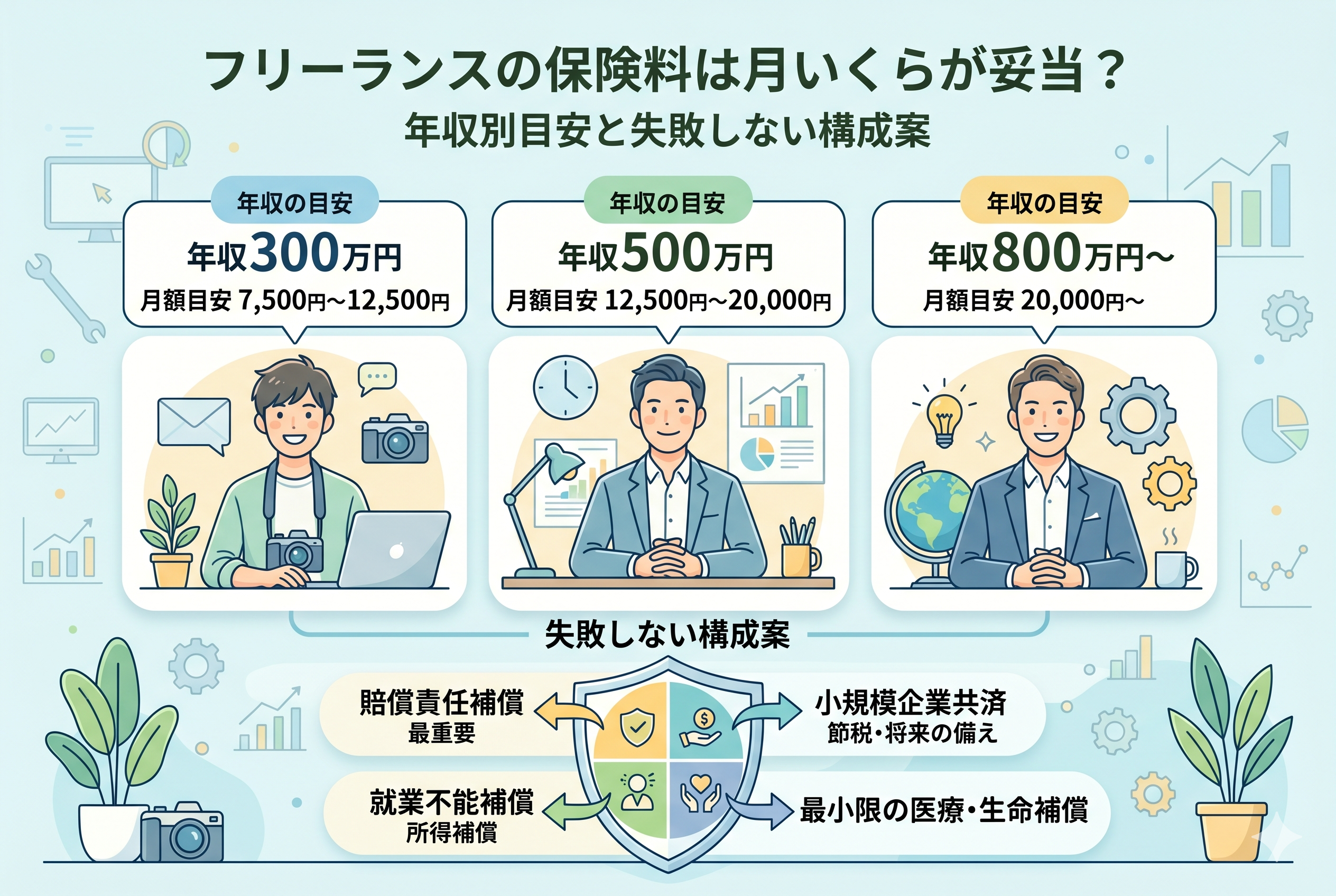 フリーランスの年収別保険料目安をまとめたインフォグラフィック画像。年収300万円、500万円、800万円以上の3段階で月額の適正ラインを提示し、下部には「賠償責任」「就業不能」「小規模企業共済」「最小限の医療・生命」という補償構成の優先順位が盾のアイコンで解説されています。