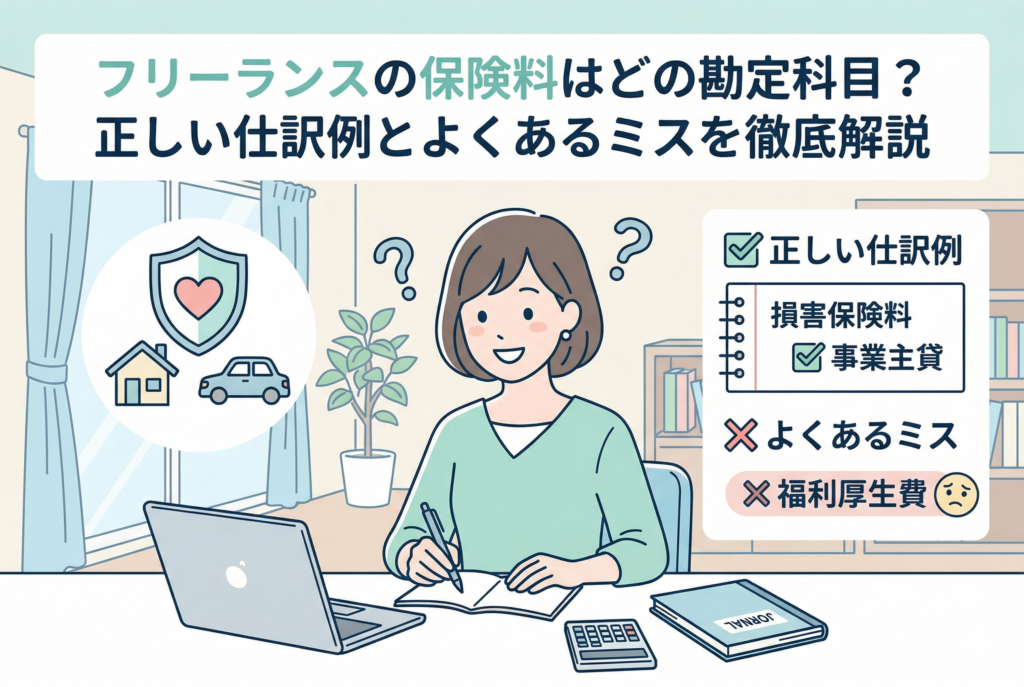 ノートパソコンと帳簿を前に、保険料の仕訳について考えている女性フリーランスのイラスト。画像内には「フリーランスの保険料はどの勘定科目？正しい仕訳例とよくあるミスを徹底解説」というタイトルがあり、正しい例として「損害保険料」「事業主貸」、間違いやすい例として「福利厚生費」がチェックリスト形式で示されている。