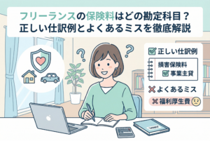 ノートパソコンと帳簿を前に、保険料の仕訳について考えている女性フリーランスのイラスト。画像内には「フリーランスの保険料はどの勘定科目？正しい仕訳例とよくあるミスを徹底解説」というタイトルがあり、正しい例として「損害保険料」「事業主貸」、間違いやすい例として「福利厚生費」がチェックリスト形式で示されている。