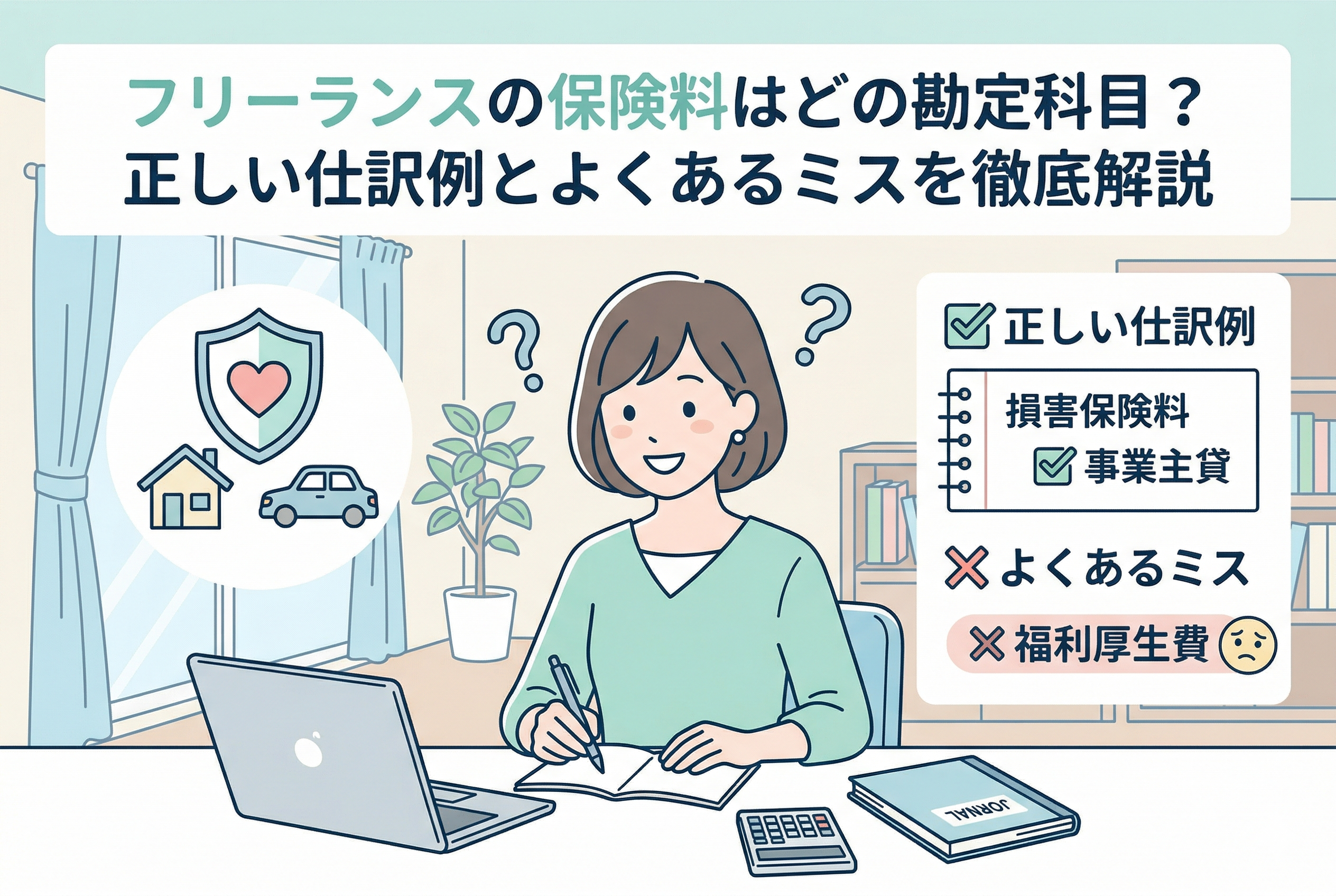 ノートパソコンと帳簿を前に、保険料の仕訳について考えている女性フリーランスのイラスト。画像内には「フリーランスの保険料はどの勘定科目？正しい仕訳例とよくあるミスを徹底解説」というタイトルがあり、正しい例として「損害保険料」「事業主貸」、間違いやすい例として「福利厚生費」がチェックリスト形式で示されている。