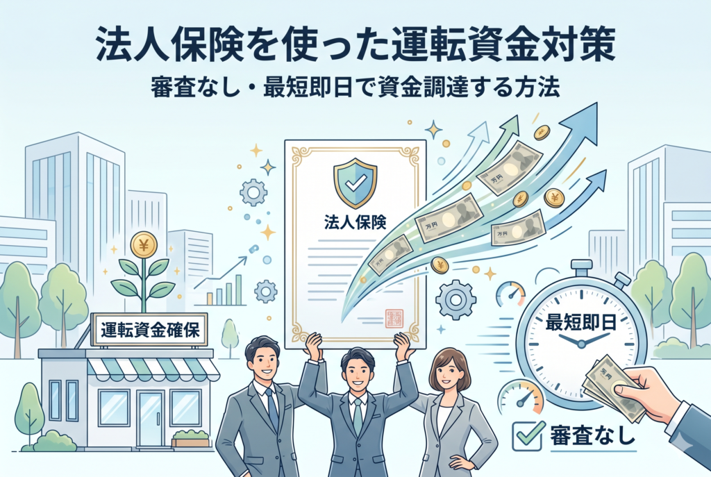 法人保険を活用した運転資金対策をイメージしたイラスト画像。中央に「法人保険」の証書を掲げる笑顔の男女のビジネスパーソンが描かれ、証書からはお札と上昇する矢印が飛び出している。右側には「最短即日」と書かれた時計と「審査なし」のチェックマーク、左側には「運転資金確保」という看板を掲げた店舗が描かれ、銀行融資に頼らない迅速な資金調達の手法を視覚的に表現している。