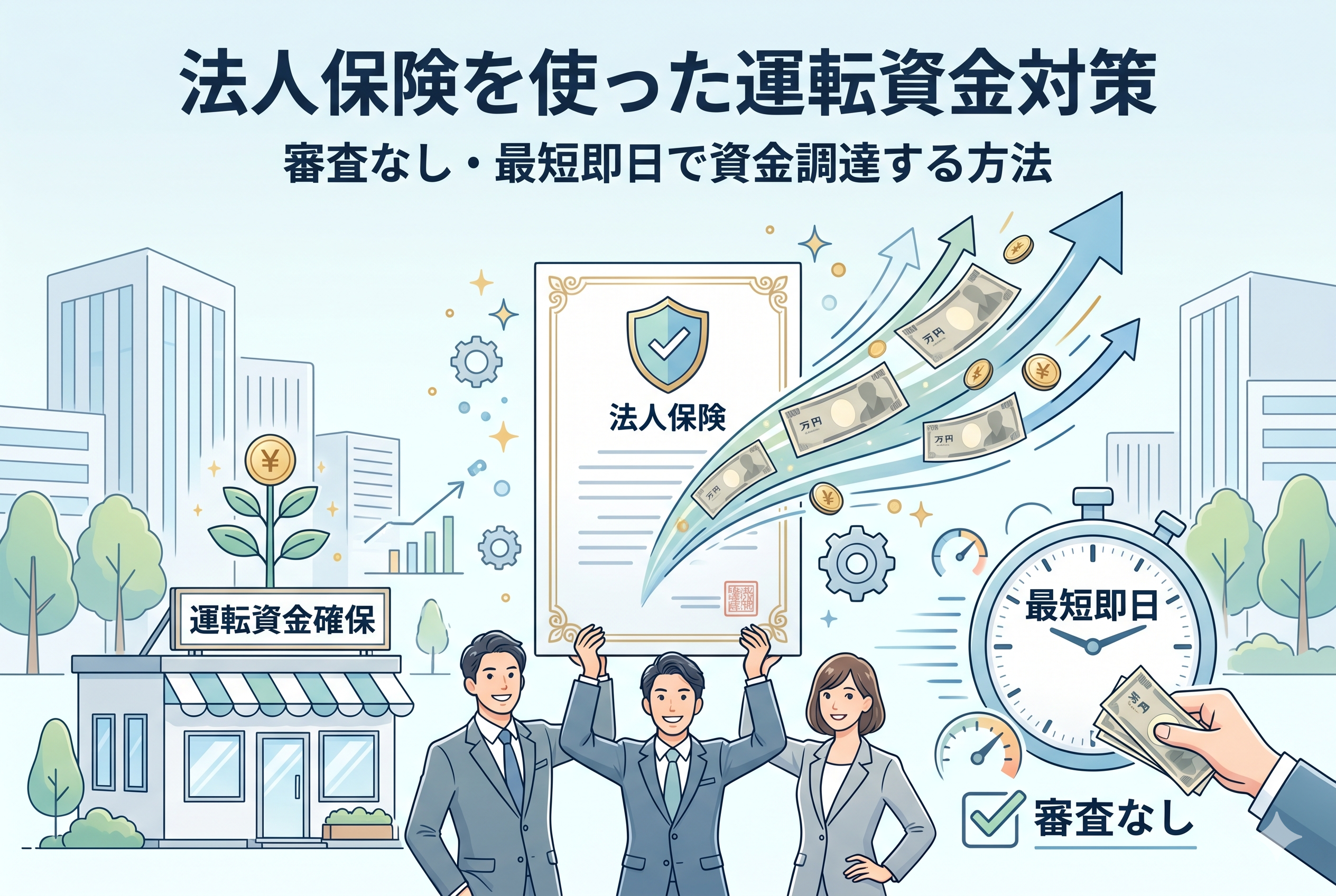 法人保険を活用した運転資金対策をイメージしたイラスト画像。中央に「法人保険」の証書を掲げる笑顔の男女のビジネスパーソンが描かれ、証書からはお札と上昇する矢印が飛び出している。右側には「最短即日」と書かれた時計と「審査なし」のチェックマーク、左側には「運転資金確保」という看板を掲げた店舗が描かれ、銀行融資に頼らない迅速な資金調達の手法を視覚的に表現している。