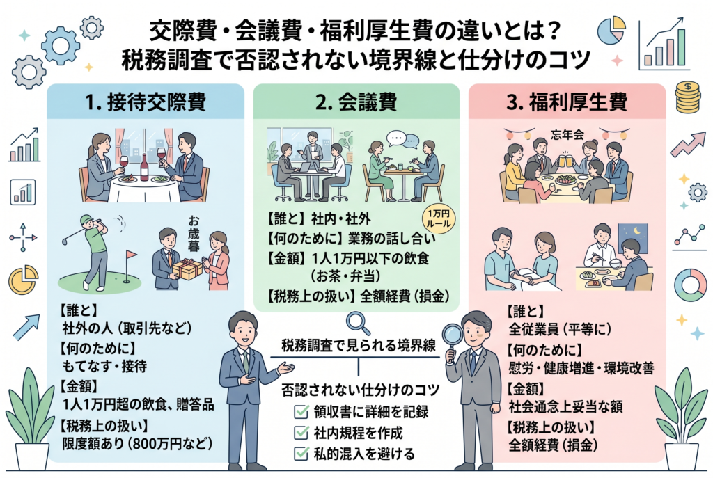 交際費・会議費・福利厚生費の3つの経費の違いを比較解説したインフォグラフィック画像。左側に接待交際費(会食やゴルフ)、中央に会議費(打ち合わせや1万円ルール)、右側に福利厚生費(忘年会や残業食事)の具体例と税務上の扱いを整理しています。下部には税務調査対策として「領収書への詳細記録」や「社内規定の作成」などのチェックリストと、虫眼鏡を持ったビジネスパーソンのイラストが配置された、清潔感のあるデザインです。