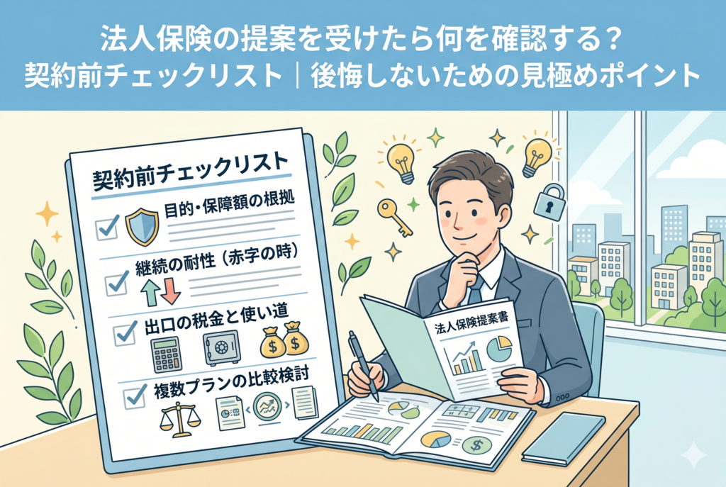 「法人保険の提案を受けたら何を確認する?契約前チェックリスト|後悔しないための見極めポイント」という記事の内容を表現したアイキャッチ画像。スーツを着た経営者の横に「契約前チェックリスト」が大きく掲げられ、「目的・保障額の根拠」「継続の耐性(赤字の時)」「出口の税金と使い道」「複数プランの比較検討」という4つの重要項目が記されている。提案書を手に冷静に検討する経営者の姿と、信頼感のあるクリーンなデザインが特徴のビジネスイラスト。