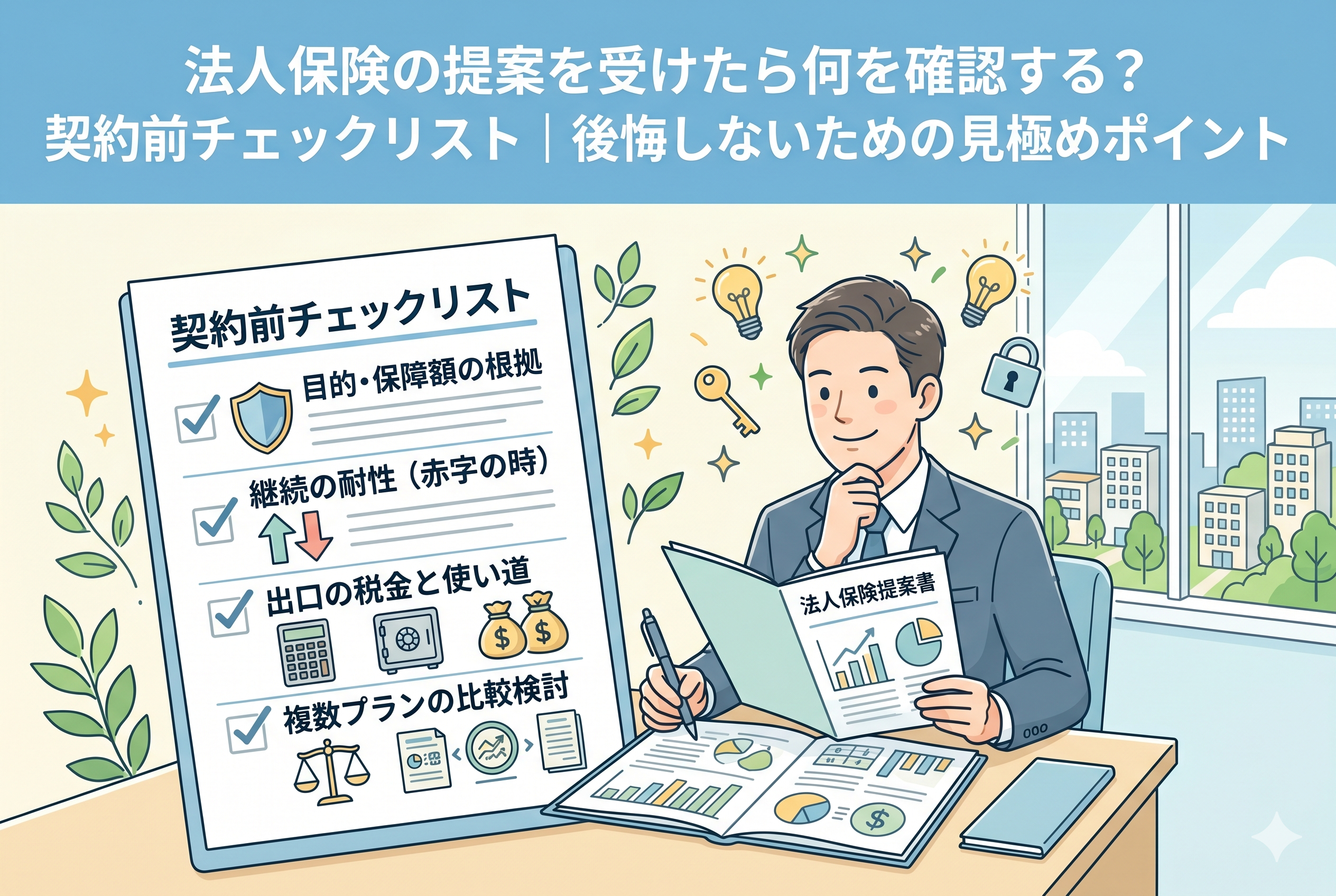 「法人保険の提案を受けたら何を確認する?契約前チェックリスト|後悔しないための見極めポイント」という記事の内容を表現したアイキャッチ画像。スーツを着た経営者の横に「契約前チェックリスト」が大きく掲げられ、「目的・保障額の根拠」「継続の耐性(赤字の時)」「出口の税金と使い道」「複数プランの比較検討」という4つの重要項目が記されている。提案書を手に冷静に検討する経営者の姿と、信頼感のあるクリーンなデザインが特徴のビジネスイラスト。