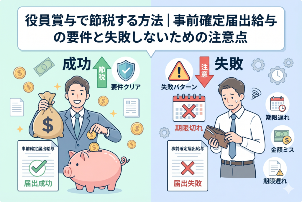 役員賞与(事前確定届出給与)を活用した節税に関する成功と失敗の対比イラスト。左側は「成功」として、期限内に適正な手続き(要件クリア)を完了し、節税ドル袋と貯金箱を手にした笑顔の男性。右側は「失敗」として、期限遅れや金額ミスで届出が却下され、空の財布と×印のカレンダーを持つ困り顔の男性。
