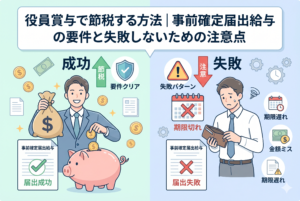 役員賞与（事前確定届出給与）を活用した節税に関する成功と失敗の対比イラスト。左側は「成功」として、期限内に適正な手続き（要件クリア）を完了し、節税ドル袋と貯金箱を手にした笑顔の男性。右側は「失敗」として、期限遅れや金額ミスで届出が却下され、空の財布と×印のカレンダーを持つ困り顔の男性。