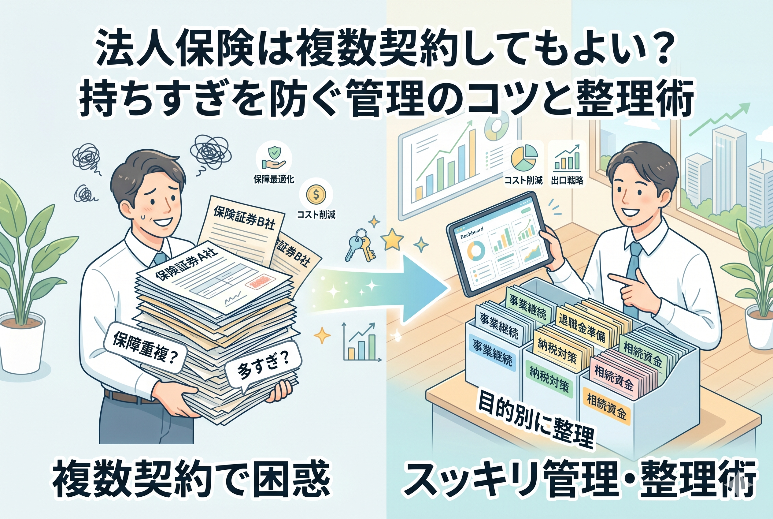 「法人保険は複数契約してもよい?持ちすぎを防ぐ管理のコツと整理術」という記事タイトルのインフォグラフィック。左側には多数の保険証券を抱え「保障重複?」「多すぎ?」と困惑する経営者のイラストがあり、右側には保険をタブレットやファイル(事業継続、退職金準備、相続資金、納税対策)で目的別に整理し、スッキリと管理できている経営者のイラストが描かれている。コスト削減や出口戦略をイメージさせるグラフも配置されている。