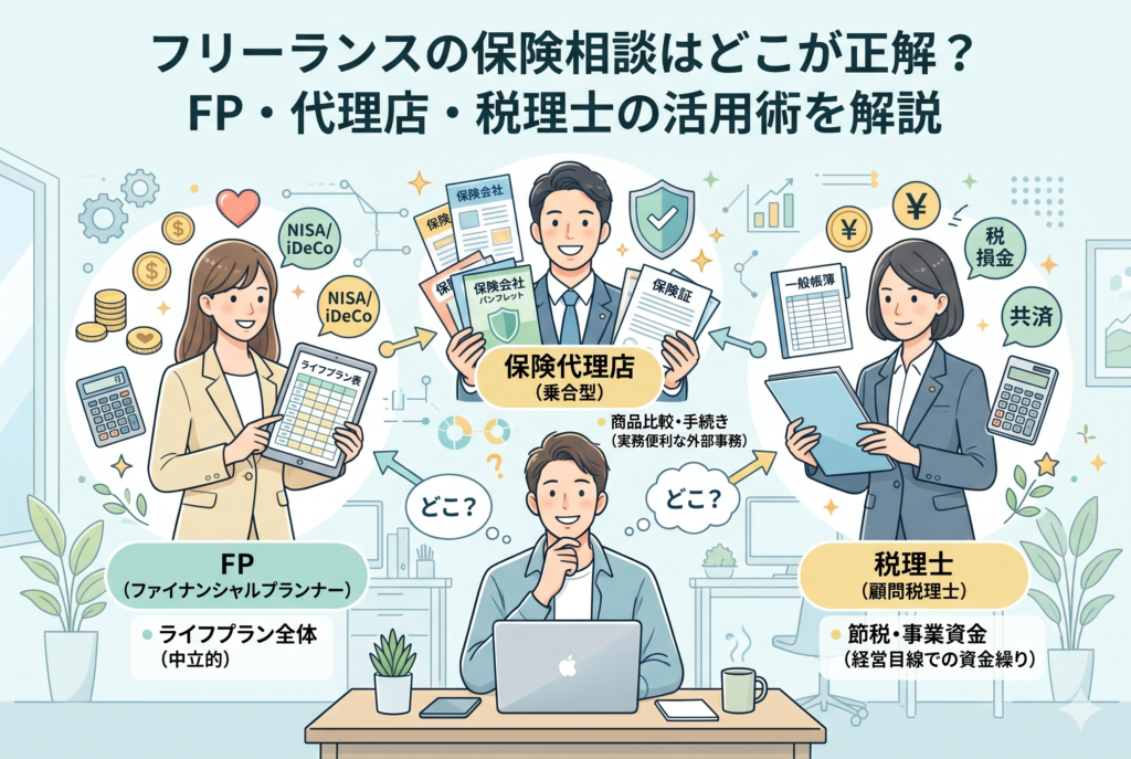 フリーランスの保険相談先であるFP、保険代理店、税理士の役割を比較したインフォグラフィック。中央で検討するフリーランスを囲むように、ライフプラン全体を俯瞰するFP、商品比較と実務を担う保険代理店、節税と事業資金を管理する税理士の3つの専門領域がアイコンと共に分かりやすく図解されています。清潔感のあるパステルカラーの精緻なデザイン。
