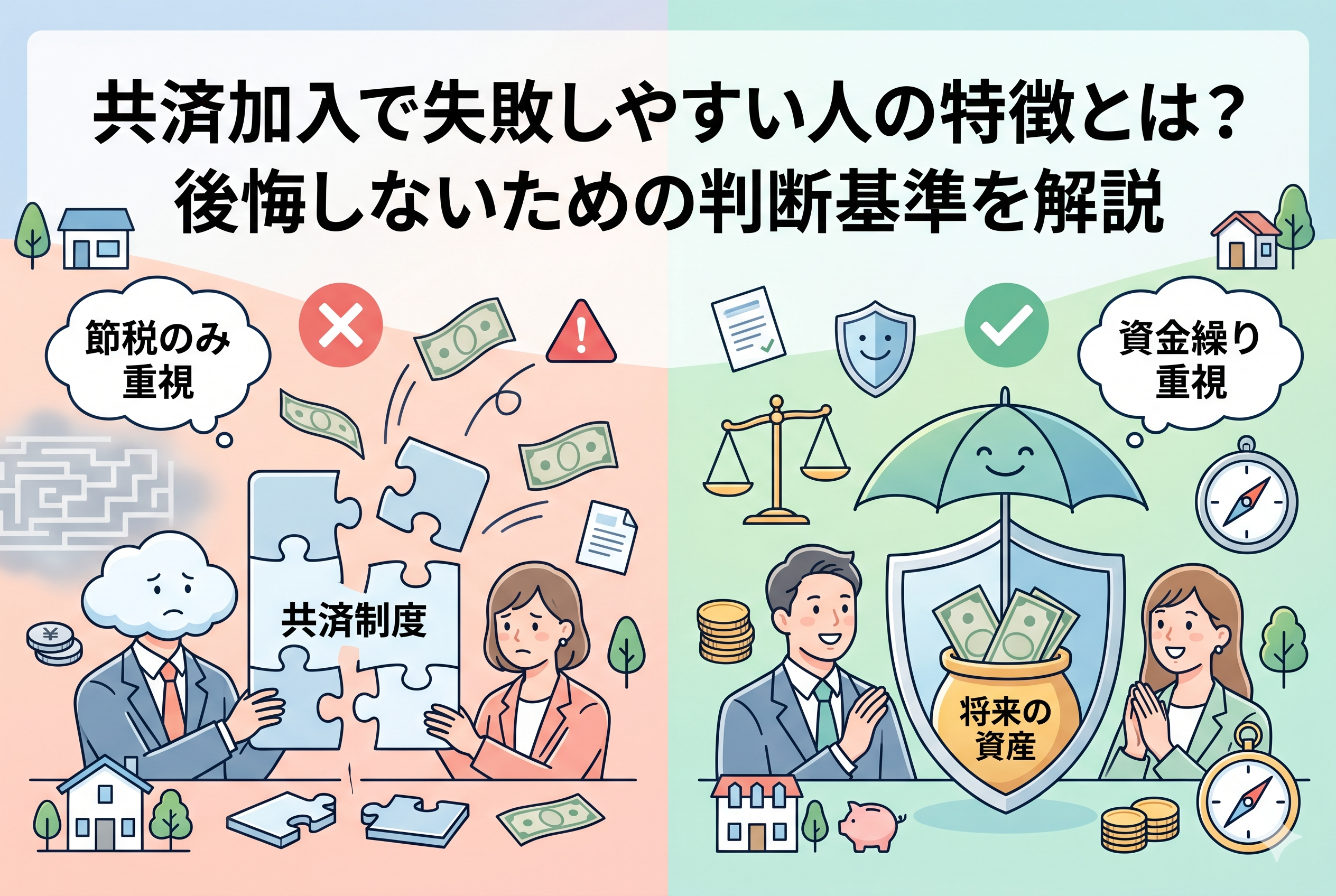共済加入における「失敗する人」と「成功する判断基準」を比較した図解。左側には節税のみを重視して制度のパズルが噛み合わず、資金繰りに悩む経営者の様子を、右側には資金繰りを重視し、将来の資産を盾や傘で守りながら笑顔で経営する様子を対比させています。