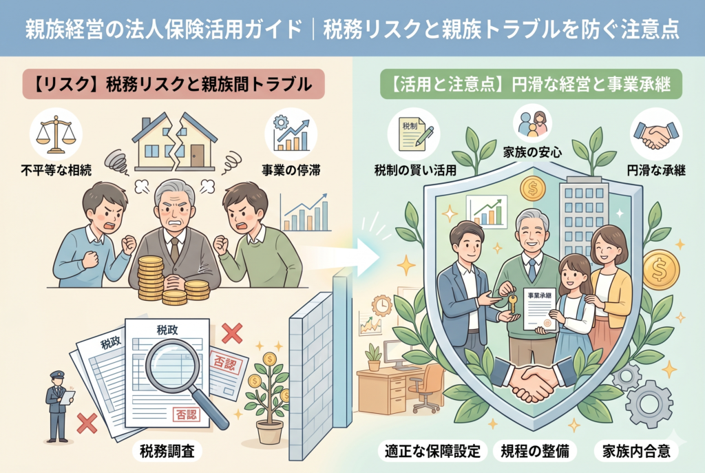 親族経営における法人保険活用のリスクと成功のポイントを対比させたインフォグラフィック。左側には「不平等な相続」や「税務調査での否認」により親族間でトラブルが起きている様子が描かれ、右側には「規程の整備」や「家族内合意」という盾に守られ、円滑な事業承継と家族の安心を実現している様子が描かれている。「親族経営の法人保険活用ガイド」という見出し入りの、清潔感のあるイラストデザイン。