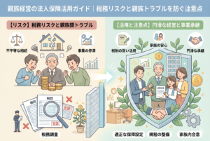 親族経営における法人保険活用のリスクと成功のポイントを対比させたインフォグラフィック。左側には「不平等な相続」や「税務調査での否認」により親族間でトラブルが起きている様子が描かれ、右側には「規程の整備」や「家族内合意」という盾に守られ、円滑な事業承継と家族の安心を実現している様子が描かれている。「親族経営の法人保険活用ガイド」という見出し入りの、清潔感のあるイラストデザイン。