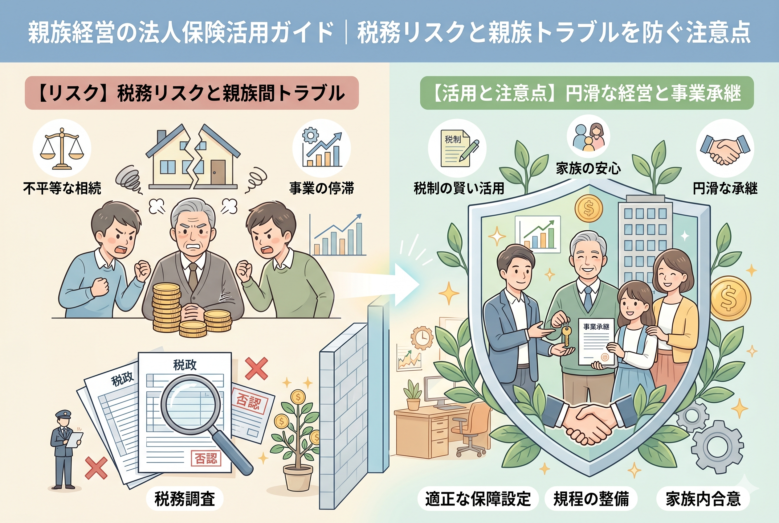 親族経営における法人保険活用のリスクと成功のポイントを対比させたインフォグラフィック。左側には「不平等な相続」や「税務調査での否認」により親族間でトラブルが起きている様子が描かれ、右側には「規程の整備」や「家族内合意」という盾に守られ、円滑な事業承継と家族の安心を実現している様子が描かれている。「親族経営の法人保険活用ガイド」という見出し入りの、清潔感のあるイラストデザイン。